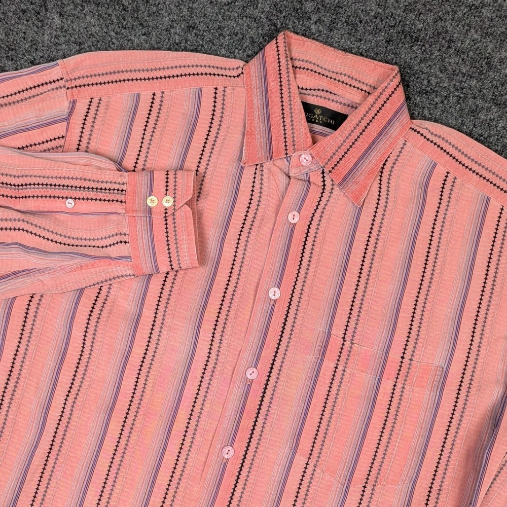 Bugatchi Uomo Mens Large Salmon Pink Purple Striped Cotton Button Down Shirt